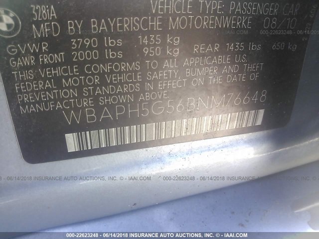 WBAPH5G56BNM76648 - 2011 BMW 328 I SULEV SILVER photo 9