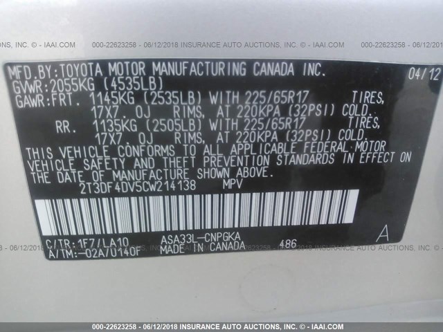 2T3DF4DV5CW214138 - 2012 TOYOTA RAV4 LIMITED SILVER photo 9