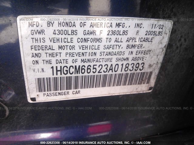 1HGCM66523A018393 - 2003 HONDA ACCORD EX BLUE photo 9