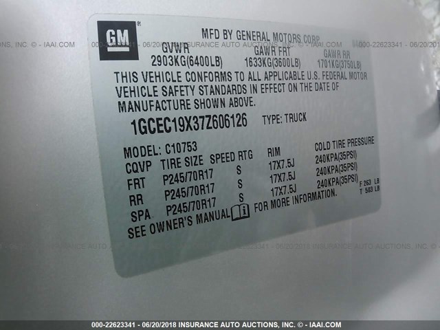 1GCEC19X37Z606126 - 2007 CHEVROLET SILVERADO C1500 CLASSIC Pewter photo 9