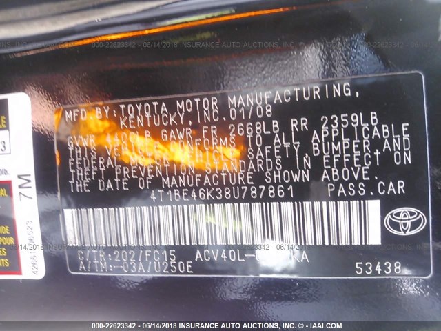 4T1BE46K38U787861 - 2008 TOYOTA CAMRY CE/LE/XLE/SE BLACK photo 9