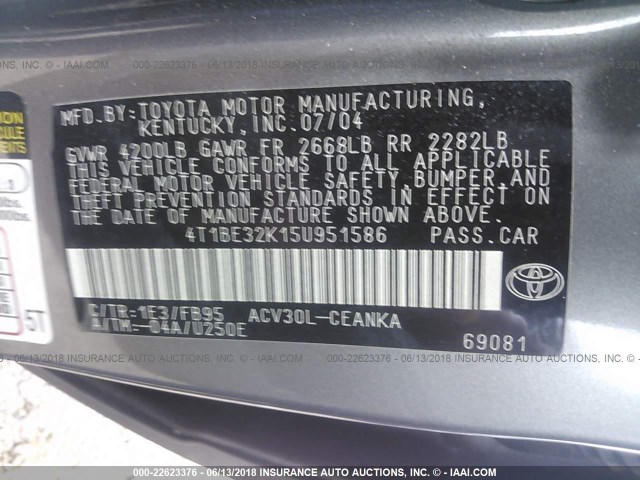 4T1BE32K15U951586 - 2005 TOYOTA CAMRY LE/XLE/SE 灰色 照片 9