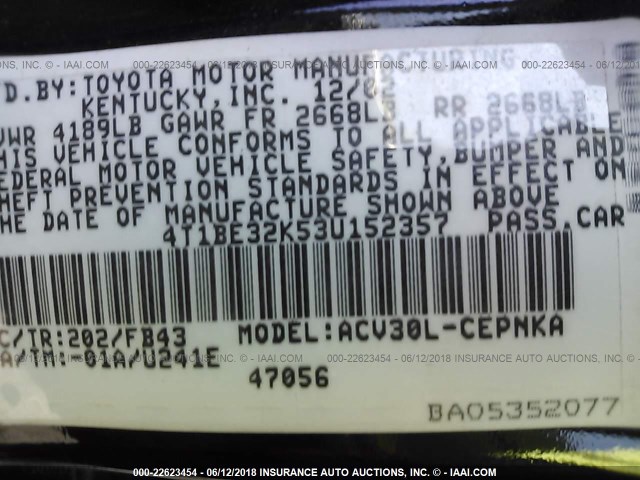 4T1BE32K53U152357 - 2003 TOYOTA CAMRY LE/XLE/SE შავი ფოტო 9