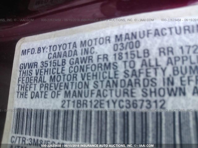 2T1BR12E1YC367312 - 2000 TOYOTA COROLLA VE/CE/LE 勃艮第红 照片 9