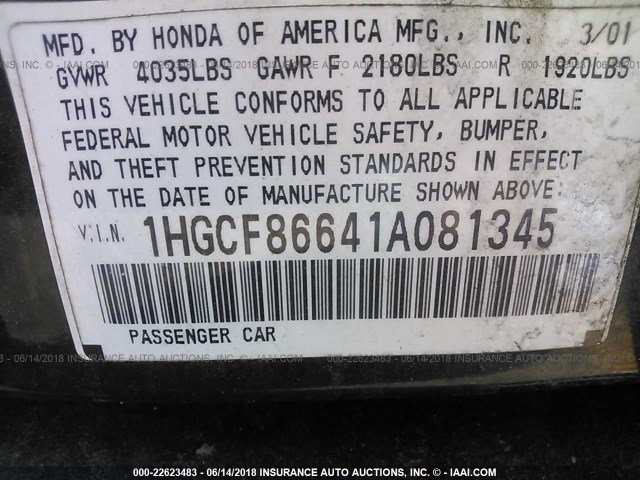 1HGCF86641A081345 - 2001 HONDA ACCORD VALUE GREEN photo 9