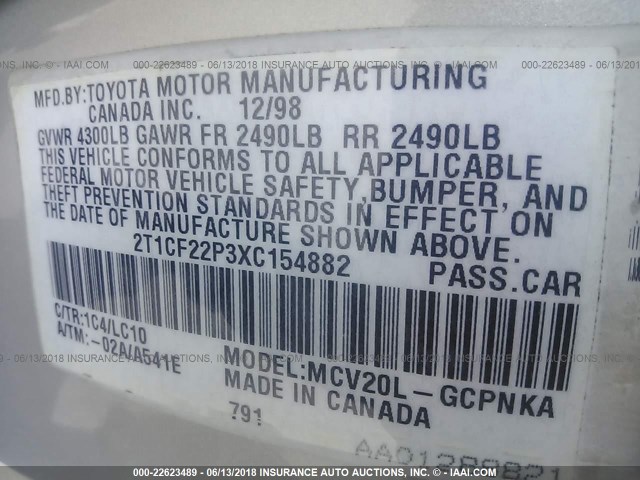 2T1CF22P3XC154882 - 1999 TOYOTA CAMRY SOLARA SE/SLE ვერცხლისფერი ფოტო 9