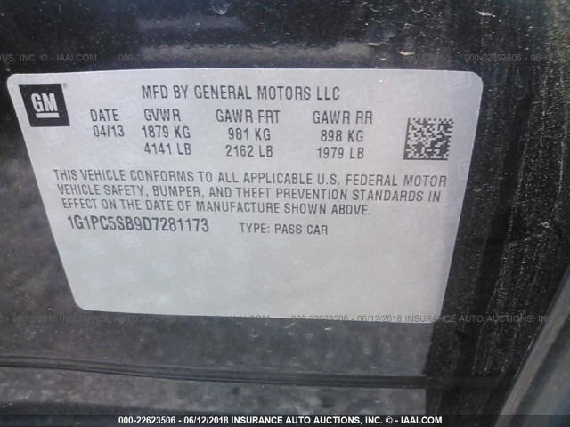 1G1PC5SB9D7281173 - 2013 CHEVROLET CRUZE LT BLACK photo 9