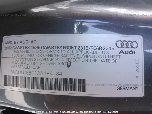 WAULC68E13A194184 - 2003 AUDI A4 1.8T QUATTRO BLACK photo 9