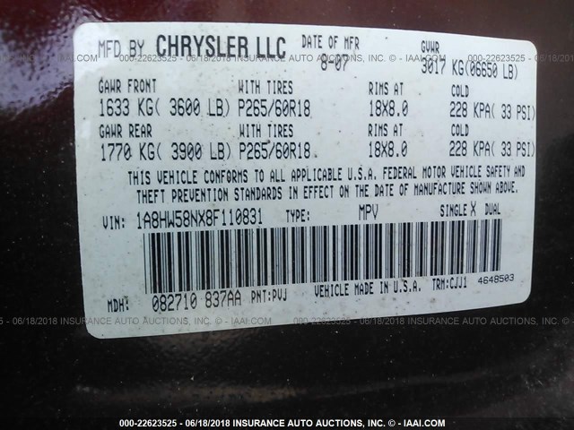 1A8HW58NX8F110831 - 2008 CHRYSLER ASPEN LIMITED BURGUNDY photo 9