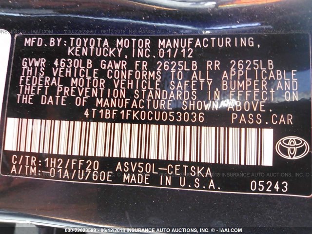 4T1BF1FK0CU053036 - 2012 TOYOTA CAMRY SE/LE/XLE BLACK photo 9