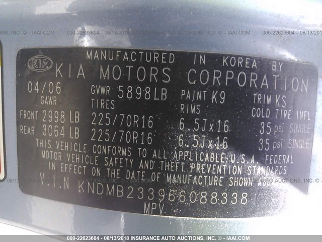 KNDMB233966088338 - 2006 KIA SEDONA EX/LX BLUE photo 9