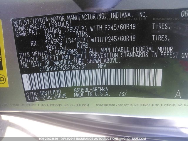 5TDKKRFH2GS163731 - 2016 TOYOTA HIGHLANDER XLE ნაცრისფერი ფოტო 9