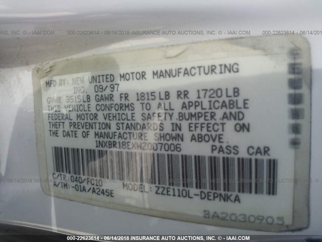 1NXBR18EXWZ007006 - 1998 TOYOTA COROLLA VE/CE/LE 白色 照片 9