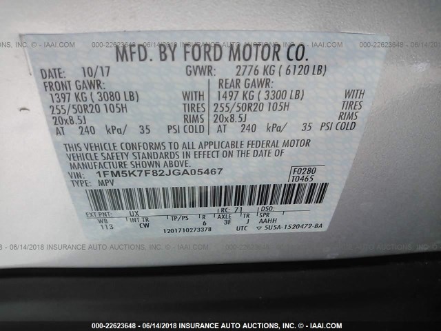 1FM5K7F82JGA05467 - 2018 FORD EXPLORER LIMITED Silber Foto 9