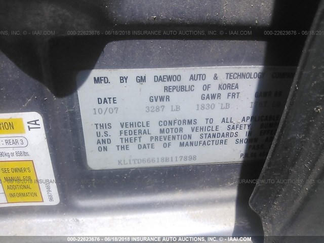 KL1TD66618B117898 - 2008 CHEVROLET AVEO LS GRAY photo 9