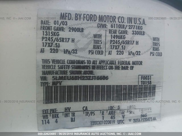 5LMEU68H23ZJ16686 - 2003 LINCOLN AVIATOR 奶油色 照片 9