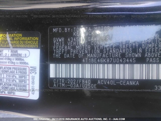 4T1BE46K87U043445 - 2007 TOYOTA CAMRY NEW GENERAT CE/LE/XLE/SE BLACK photo 9