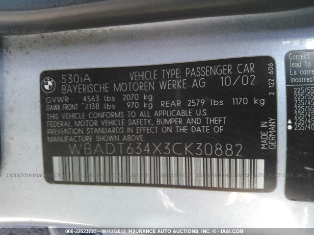 WBADT634X3CK30882 - 2003 BMW 530 I AUTOMATIC SILVER photo 9