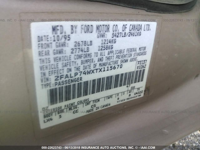 2FALP74WXTX115670 - 1996 FORD CROWN VICTORIA LX GOLD photo 9