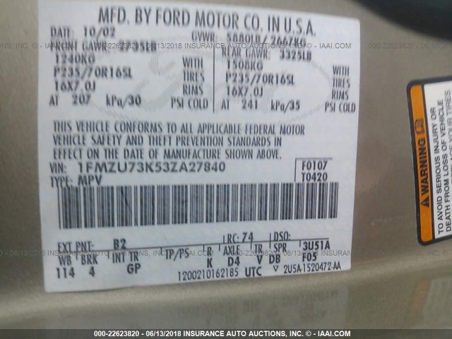 1FMZU73K53ZA27840 - 2003 FORD EXPLORER XLT/XLT SPORT/NBX GOLD photo 9