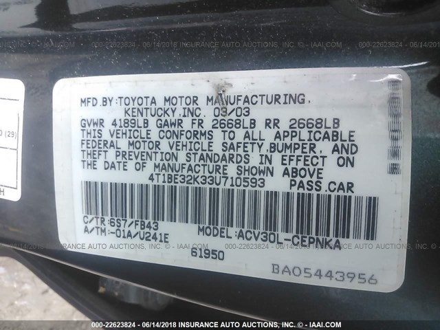 4T1BE32K33U710593 - 2003 TOYOTA CAMRY LE/XLE/SE Yaşıl foto 9