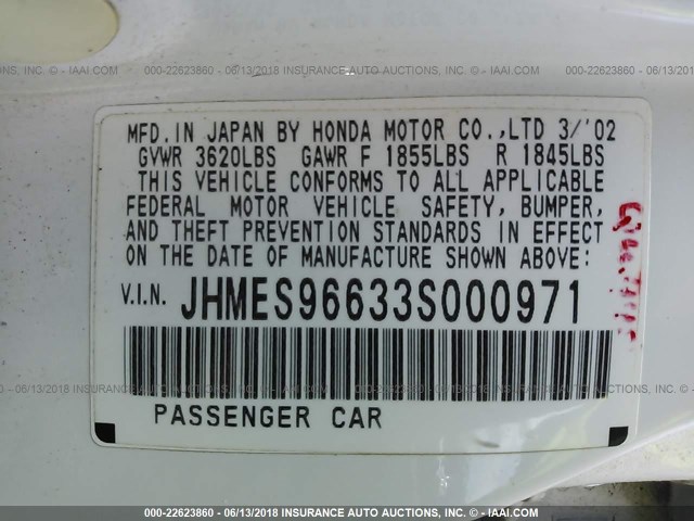 JHMES96633S000971 - 2003 HONDA CIVIC HYBRID WHITE photo 9