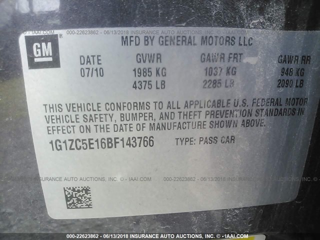 1G1ZC5E16BF143766 - 2011 CHEVROLET MALIBU 1LT 灰色 照片 9