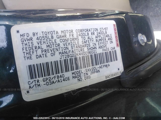 JT2BG22K4V0096021 - 1997 TOYOTA CAMRY LE/XLE GREEN photo 9