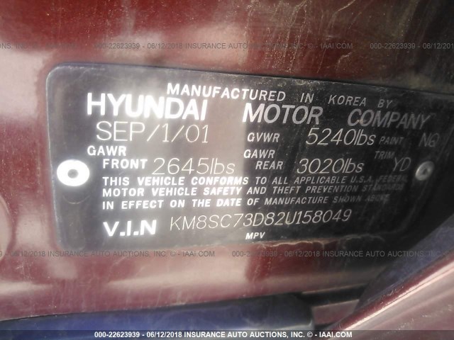 KM8SC73D82U158049 - 2002 HYUNDAI SANTA FE GLS/LX BURGUNDY photo 9