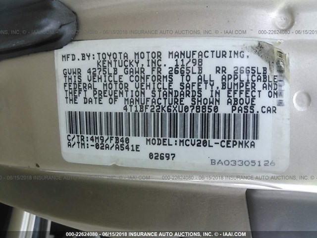 4T1BF22K6XU078850 - 1999 TOYOTA CAMRY LE/XLE GOLD photo 9
