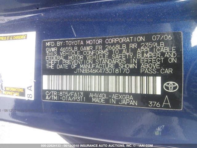 JTNBB46K473018170 - 2007 TOYOTA CAMRY NEW GENERAT HYBRID BLUE photo 9