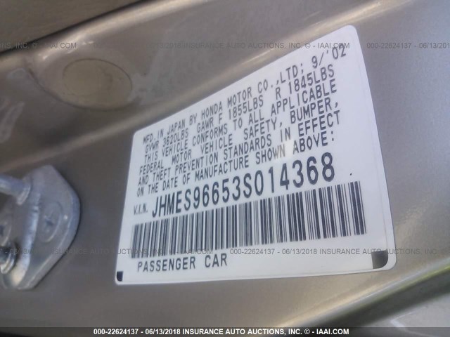 JHMES96653S014368 - 2003 HONDA CIVIC HYBRID GOLD photo 9