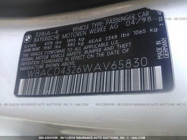 WBACD4326WAV65830 - 1998 BMW 328 I AUTOMATIC WHITE photo 9