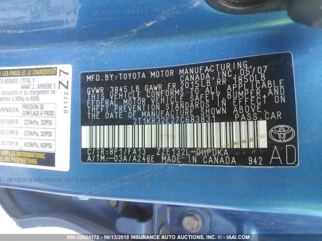 2T1KR32E27C683831 - 2007 TOYOTA COROLLA MATRIX XR BLUE photo 9