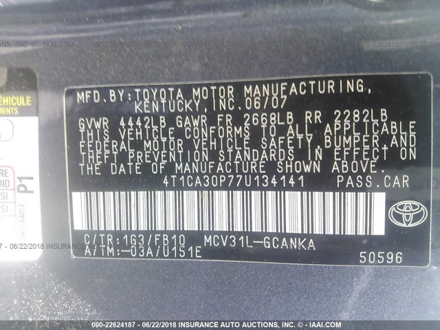 4T1CA30P77U134141 - 2007 TOYOTA CAMRY SOLARA SE/SLE ნაცრისფერი ფოტო 9