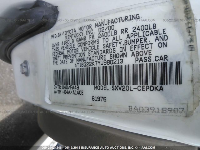 4T1BG22K7YU980213 - 2000 TOYOTA CAMRY CE/LE/XLE WHITE photo 9