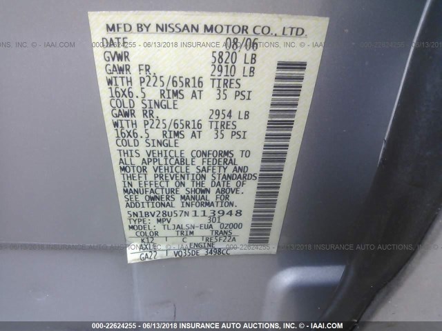 5N1BV28U57N113948 - 2007 NISSAN QUEST S/SE/SL SILVER photo 9