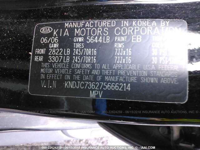 KNDJC736275666214 - 2007 KIA SORENTO EX/LX BLACK photo 9