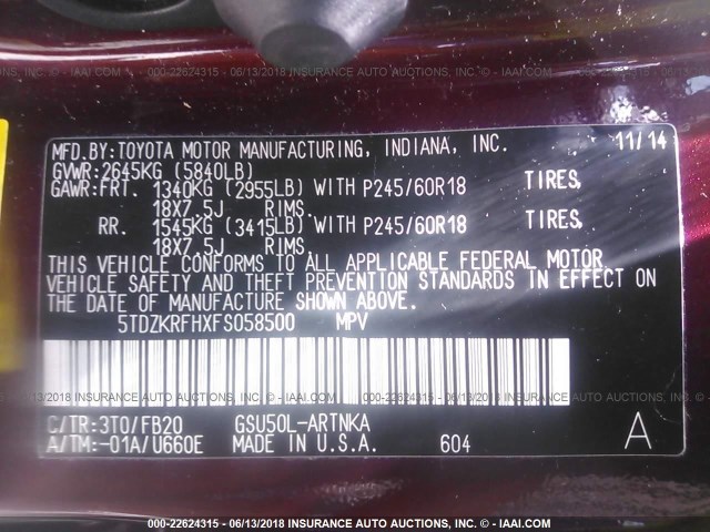 5TDZKRFHXFS058500 - 2015 TOYOTA HIGHLANDER LE/LE PLUS RED photo 9