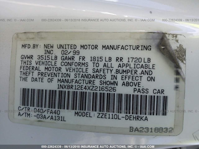 1NXBR12E4XZ216526 - 1999 TOYOTA COROLLA VE/CE/LE 白色 照片 9