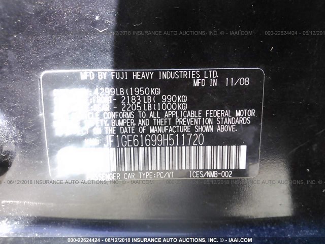 JF1GE61699H511720 - 2009 SUBARU IMPREZA 2.5I BLACK photo 9