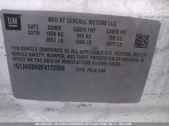 1G1JA6SH2F4172368 - 2015 CHEVROLET SONIC LS 白色 照片 9