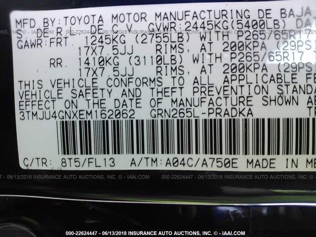 3TMJU4GNXEM162062 - 2014 TOYOTA TACOMA DOUBLE CAB PRERUNNER BLUE photo 9