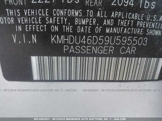 KMHDU46D59U595503 - 2009 HYUNDAI ELANTRA GLS/SE SILVER photo 9