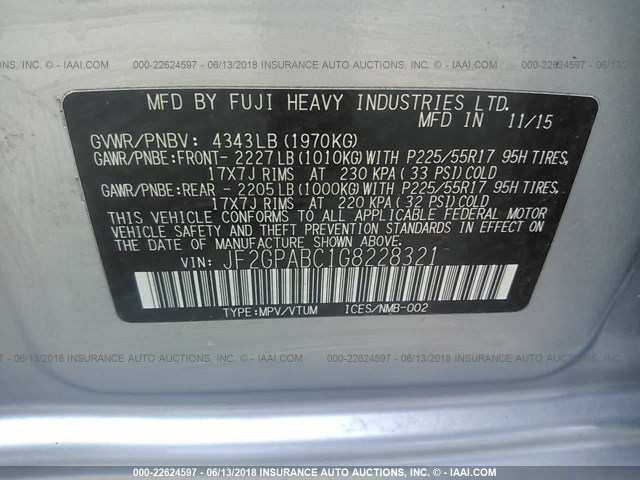 JF2GPABC1G8228321 - 2016 SUBARU CROSSTREK PREMIUM ვერცხლისფერი ფოტო 9