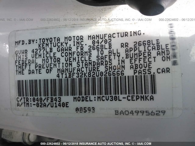 4T1BF32K82U026666 - 2002 TOYOTA CAMRY LE/XLE/SE 白色 照片 9