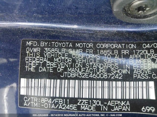 JTDBR32E460087242 - 2006 TOYOTA COROLLA CE/LE BLUE photo 9