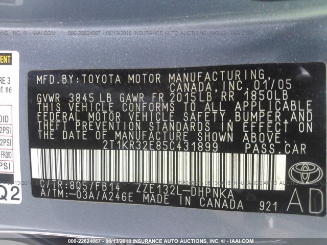 2T1KR32E85C431899 - 2005 TOYOTA COROLLA MATRIX XR Light Blue photo 9