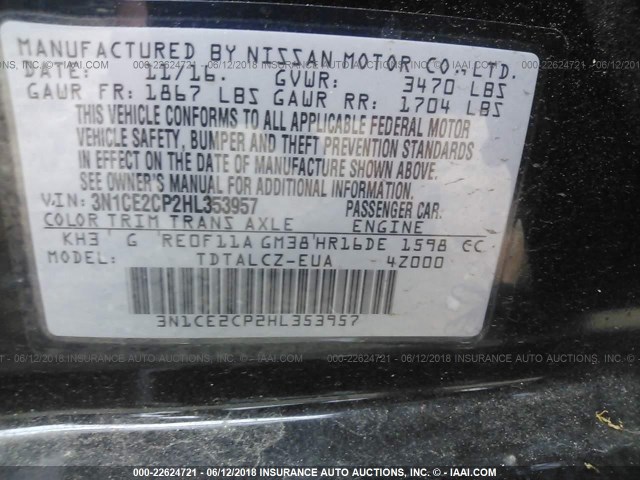 3N1CE2CP2HL353957 - 2017 NISSAN VERSA NOTE S/S PLUS/SV/SL/SR BLACK photo 9