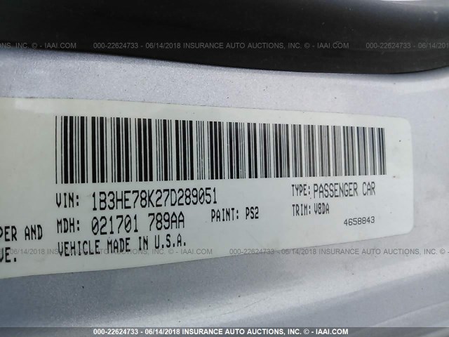 1B3HE78K27D289051 - 2007 DODGE CALIBER R/T SILVER photo 9